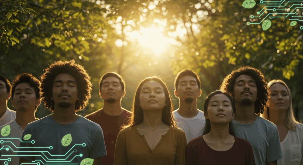 Person meditating and working in a balanced lifestyle, representing focus, wellness, and community