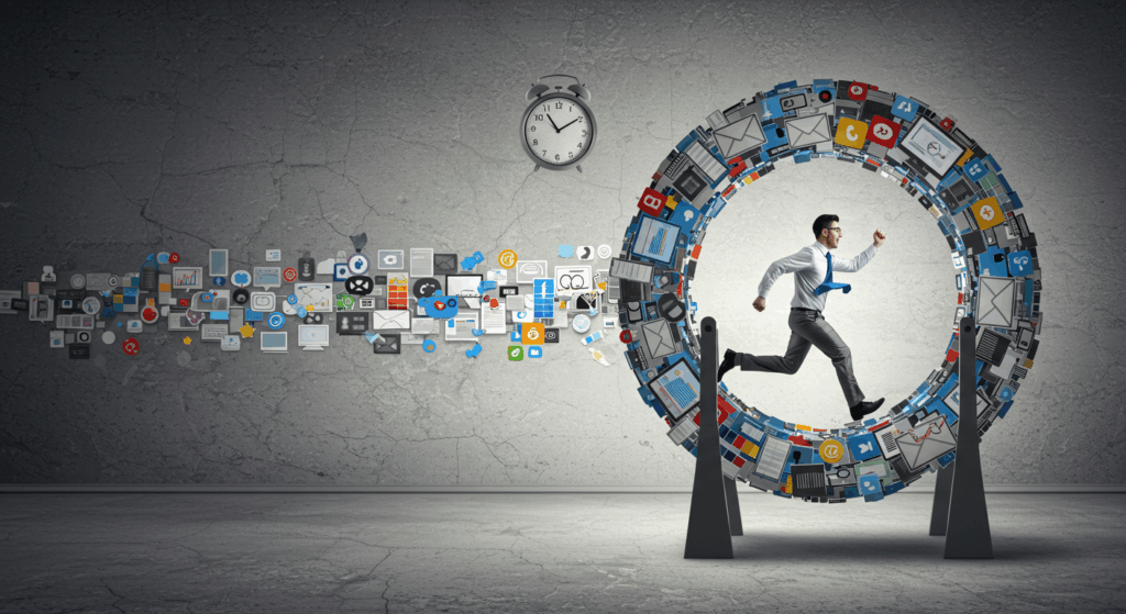 Mastering Time and Energy-Entrepreneur stuck in a hamster wheel made of digital tasks, symbolizing busyness without progress.