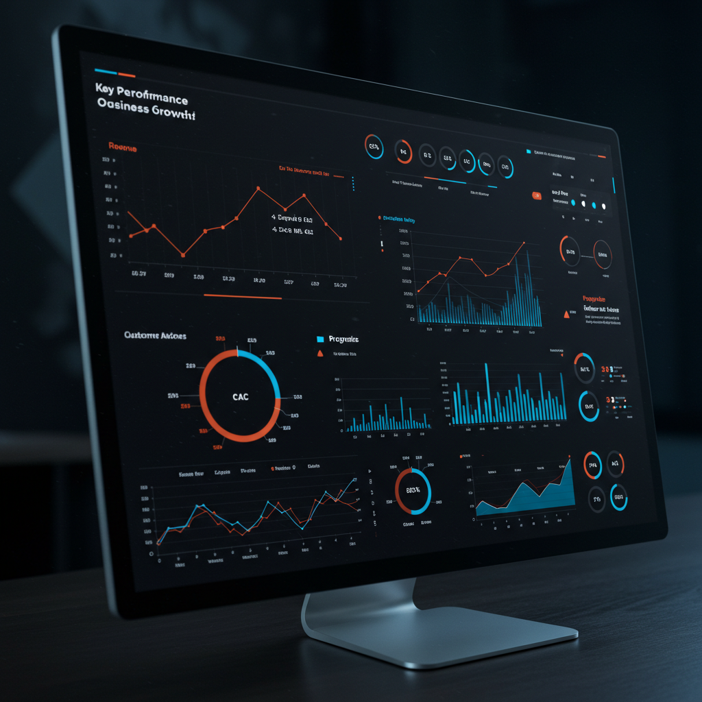 A modern digital dashboard displaying KPIs, charts, and progress indicators for business growth. Strategic Planning