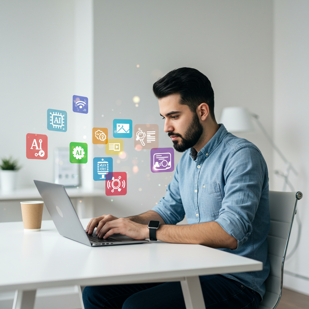 Content Creation- Solo entrepreneur using AI tools for writing, video, images, and audio content at a desk.