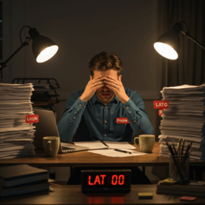 Solo entrepreneur looking exhausted and overwhelmed while managing multiple tasks and content types. - Content Creation