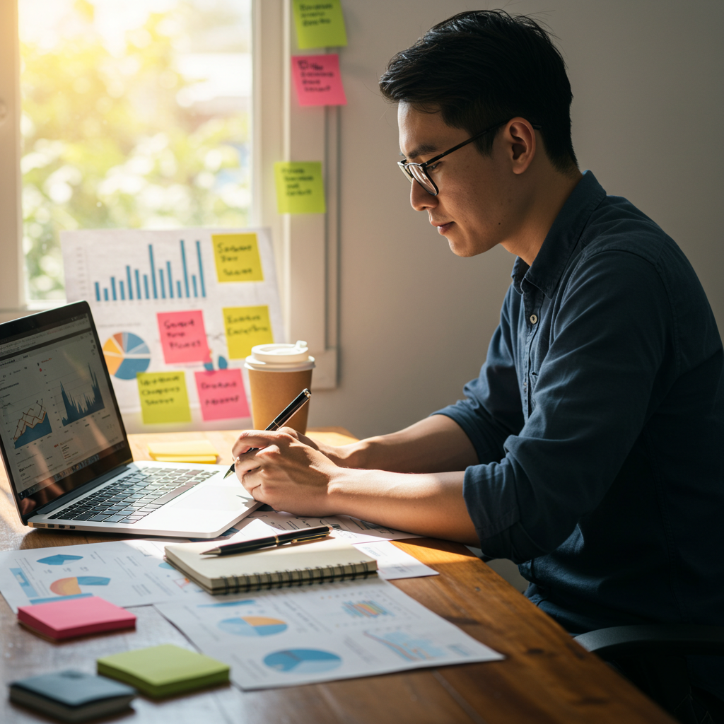 Solo entrepreneur developing a business plan at a desk with charts and a laptop.