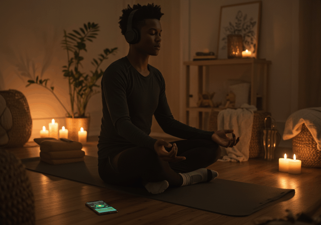 Entrepreneur using headphones for a guided meditation session.
