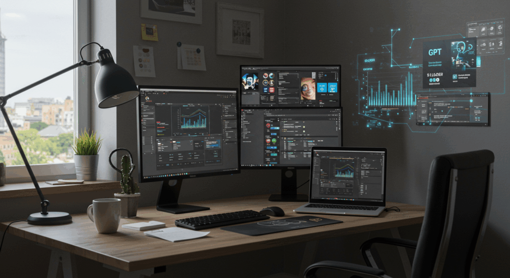 Solo entrepreneur using Generative AI tools in a modern home office in 2025.
