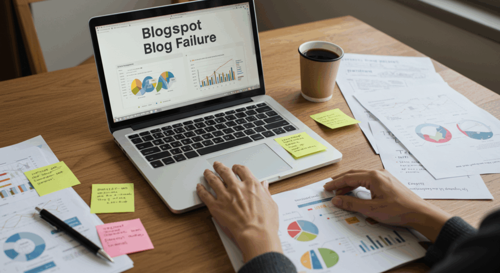 Blogger analyzing SEO metrics to prevent Blogspot Blog Failure caused by low-quality content.