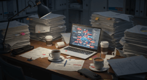 Office desk showing decision-making biases with distractions and clutter.