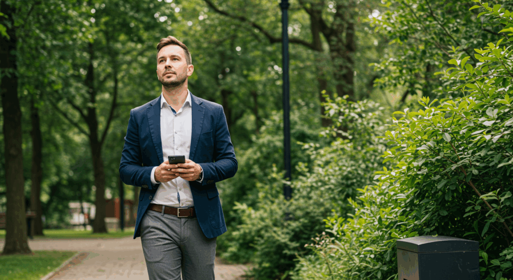 Psychology of micro-breaks visualized with a worker taking a short outdoor walk.