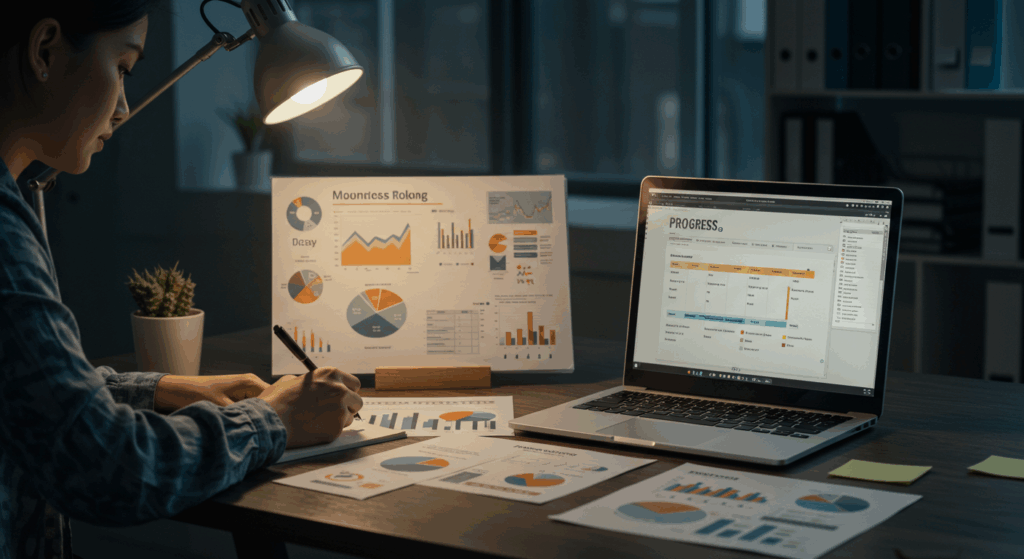 Person practicing self-determination theory by setting autonomous work goals at their desk.