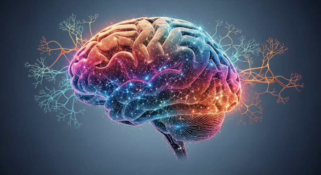 Colorful brain pathways illustrating cognitive flexibility and adaptive thinking.