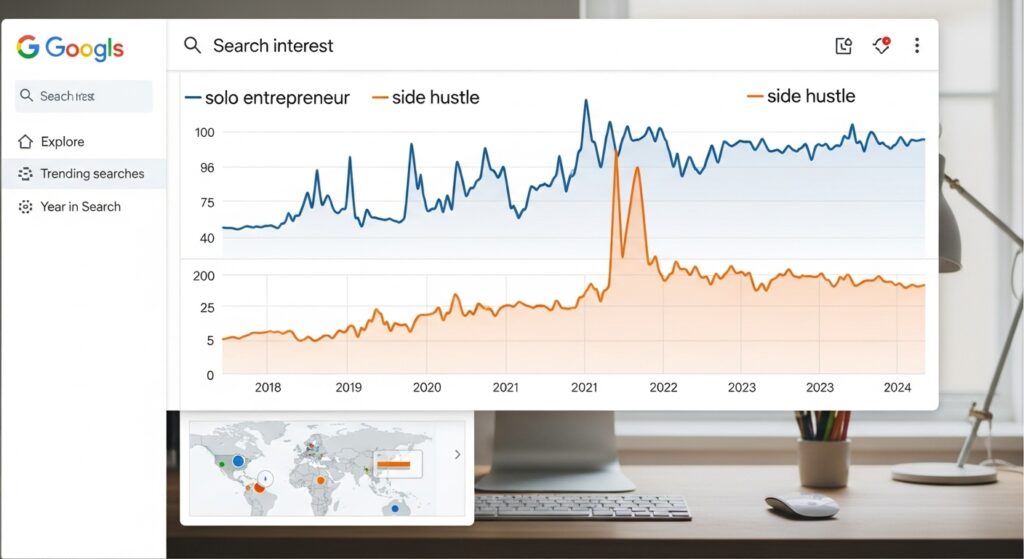Google Trends screenshot comparing search interest for “keywords research for solo entrepreneurs” and “solo business tips.”