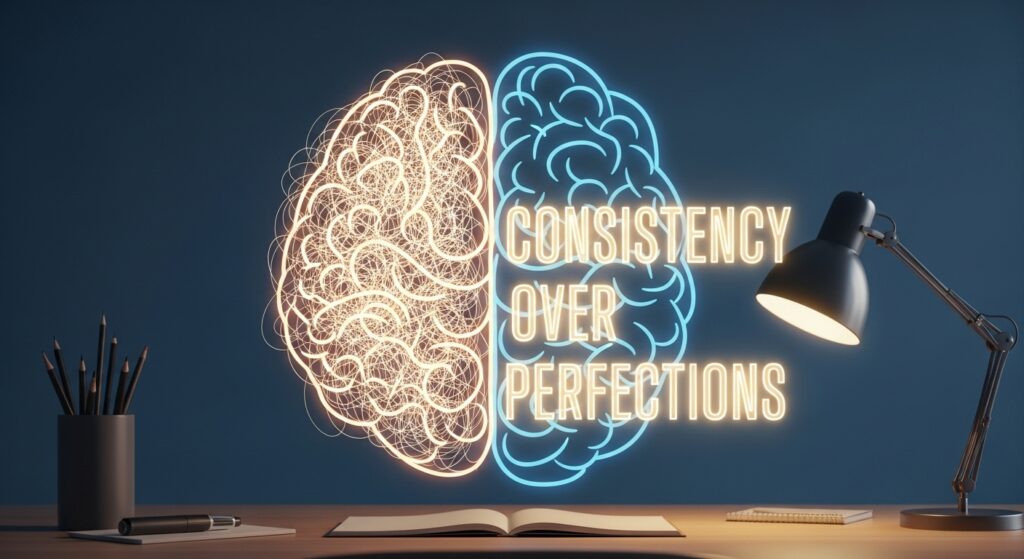 Brain illustration showing clarity through consistency over perfections for writers.