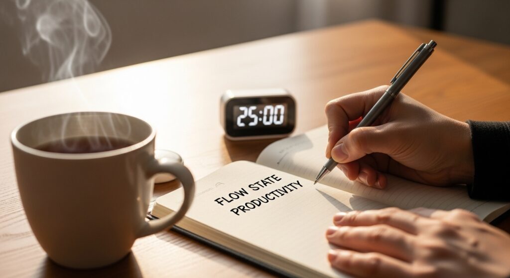 Hands writing in notebook practicing Flow State Productivity during a focused deep work session.