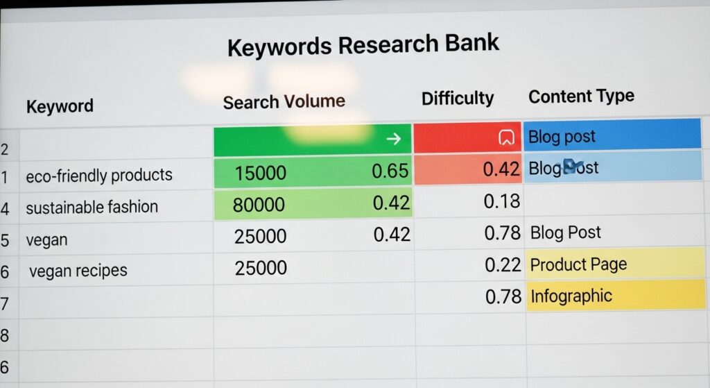 Spreadsheet showing a keywords research bank with search volume and difficulty.