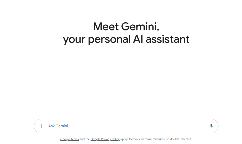 Screenshot of Gemini AI first page showing the homepage dashboard with interactive prompts, templates, and settings in a clean, modern interface."