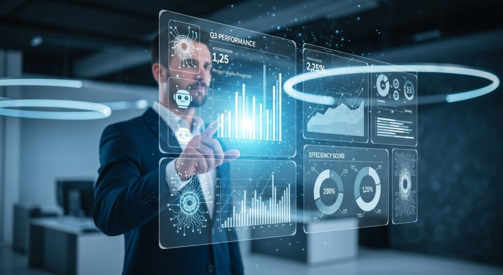 Professional reviewing AI Productivity Scorecards with holographic charts.