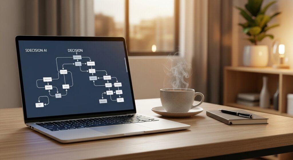 Home office with AI decision tree on screen guiding decision-making